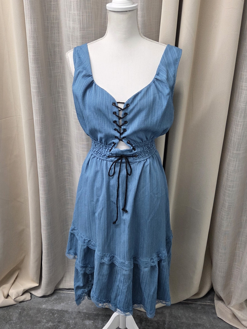 Blue Lace-Up Cutout Tiered Midi Dress M Renaissance Milkmaid Ren Faire Fairycore